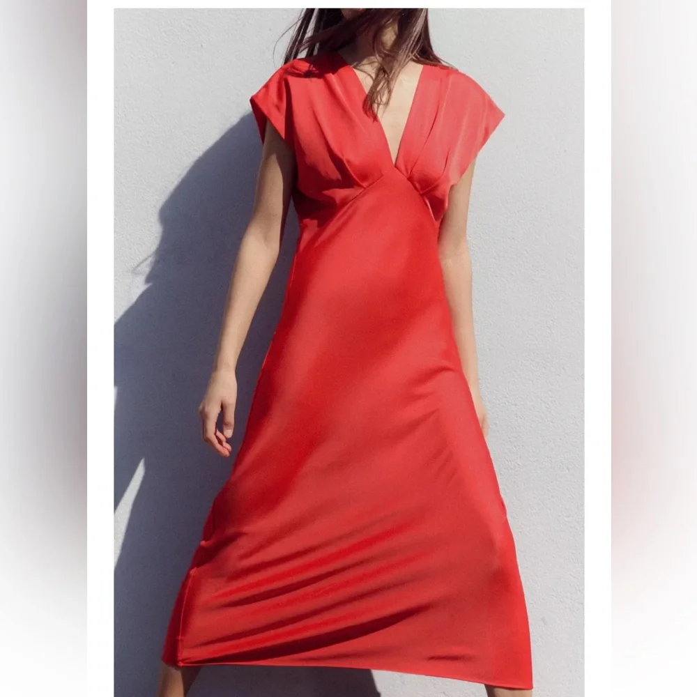 Zara Satin Red Dress NWT - Picture 7 of 11